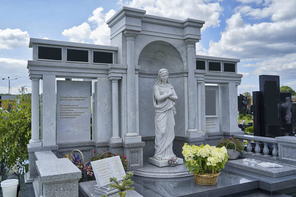 Production of monuments, tombstones and memorial complexes from natural stone, bronze and fiberglass