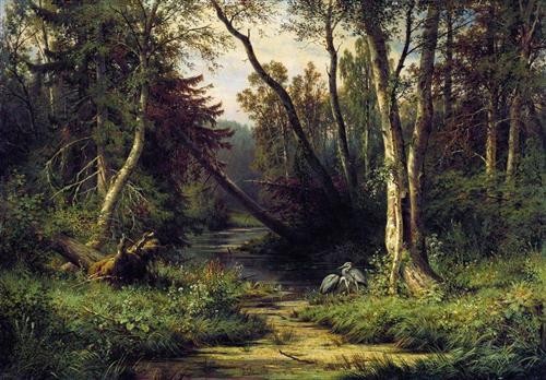 Forest landscape with herons