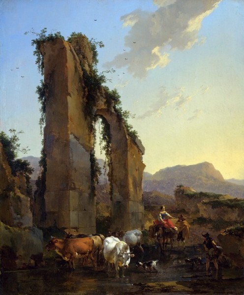Landscape with shepherds and flock near the ruins of an ancient aqueduct