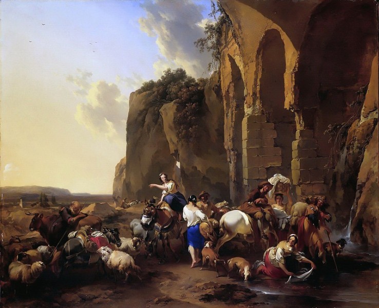 Italian landscape with shepherds and flock near Roman ruins