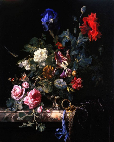 Reproduction of Jan van Huysum "Bouquet with flowers in a vase"